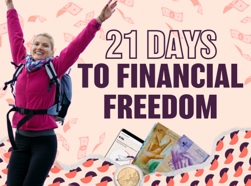 21 Day Financial Challenge, showing woman jumping with joy